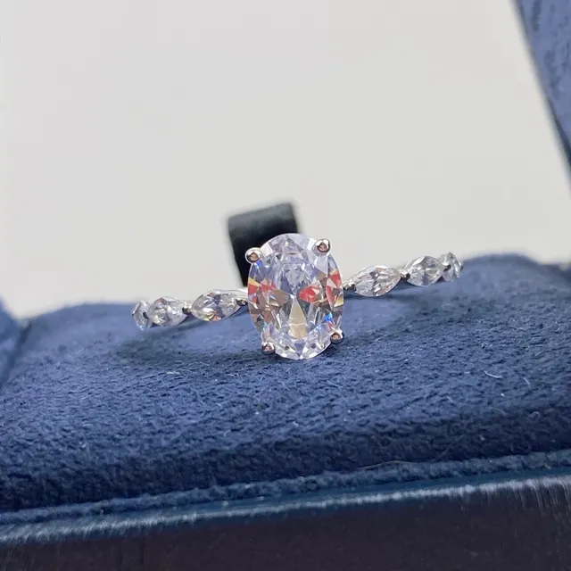 Silver Navy Oval Center Stone Marquise Side Stones Ring 4