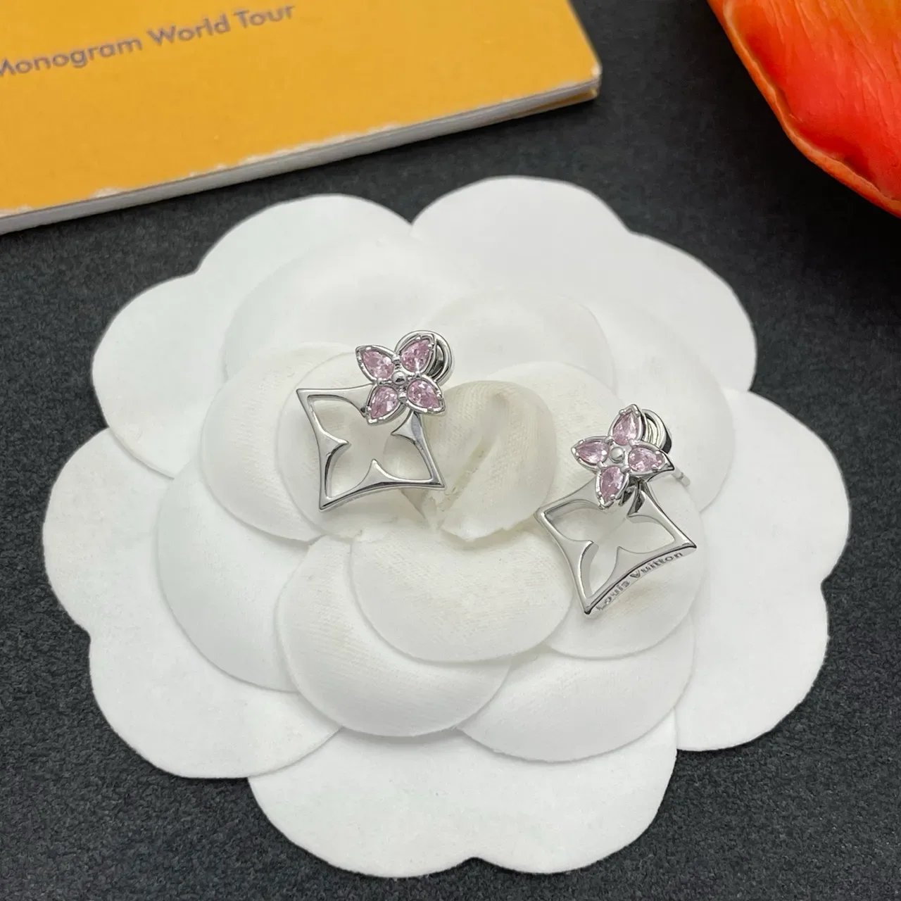 Silver Pink Floral Stud Gemstone Earrings 5