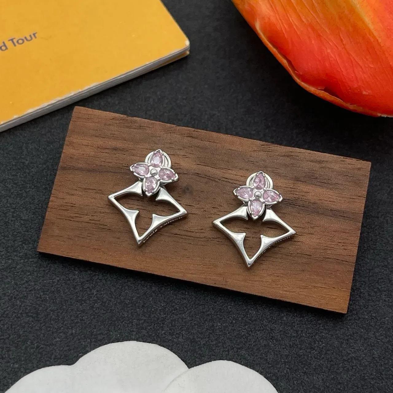 Silver Pink Floral Stud Gemstone Earrings 7