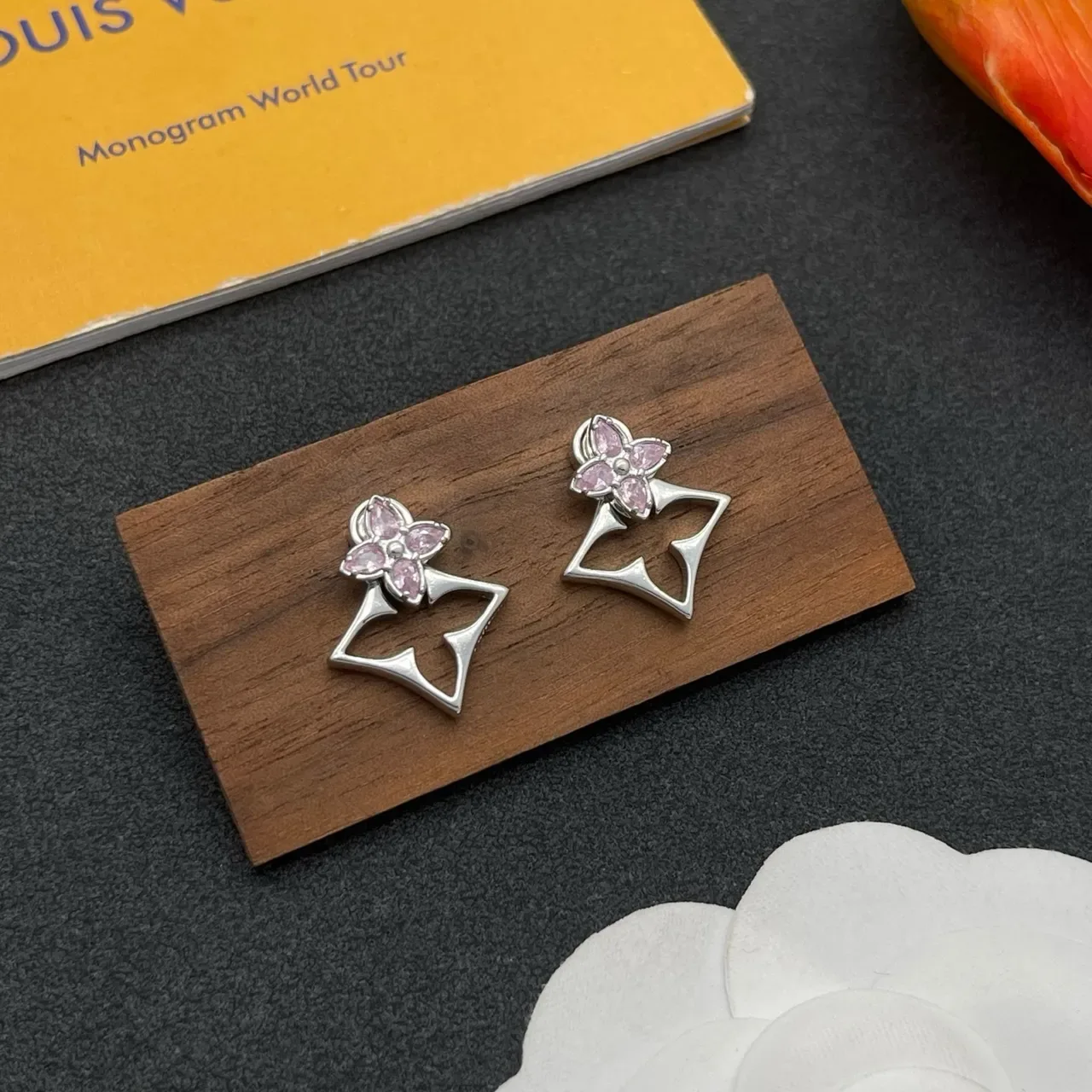 Silver Pink Floral Stud Gemstone Earrings 8