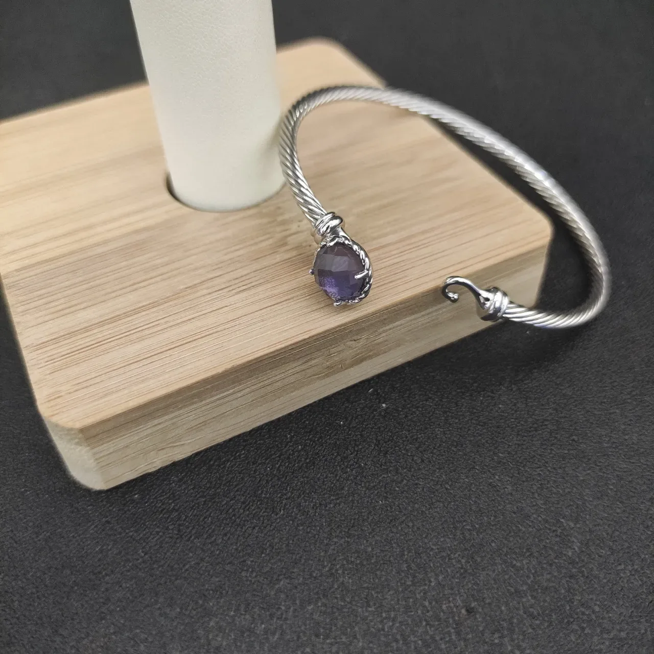 Silver Purple Twisted Cable Wire Faceted Round Stone Bracelet 5