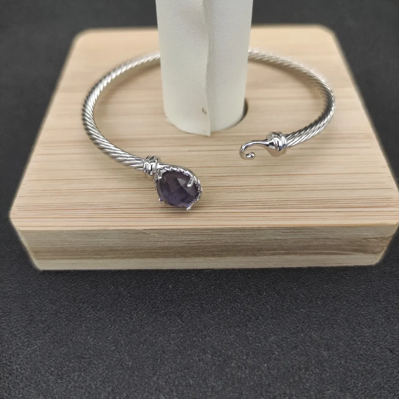 Silver Purple Twisted Cable Wire Faceted Round Stone Bracelet 6