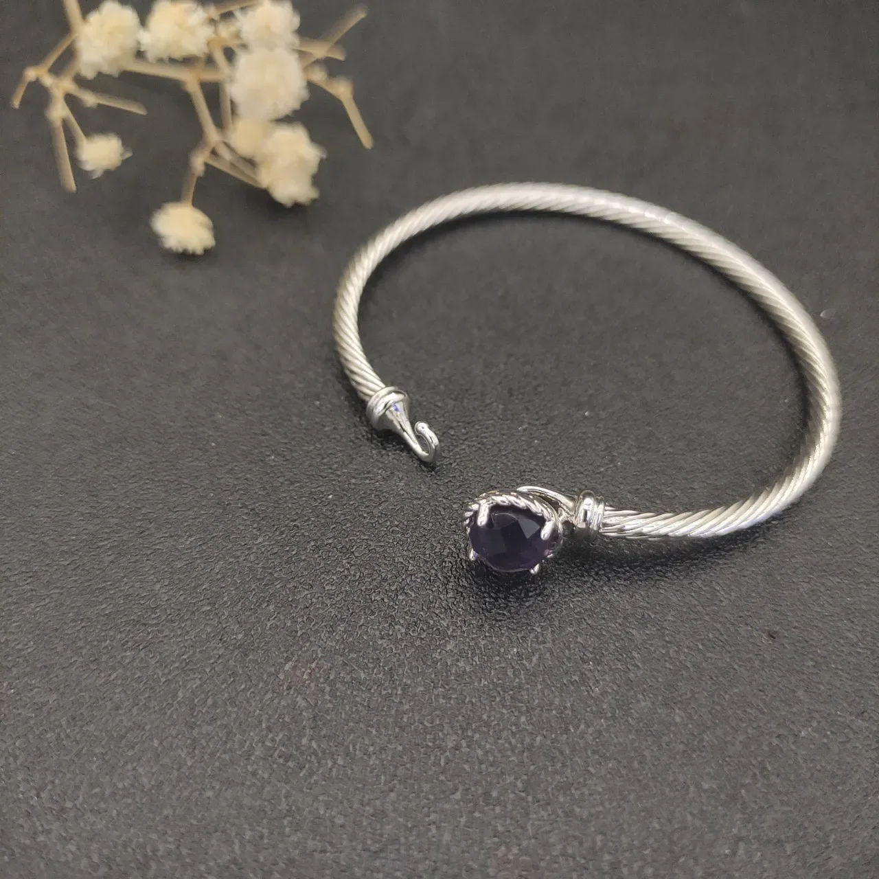 Silver Purple Twisted Cable Wire Faceted Round Stone Bracelet 8