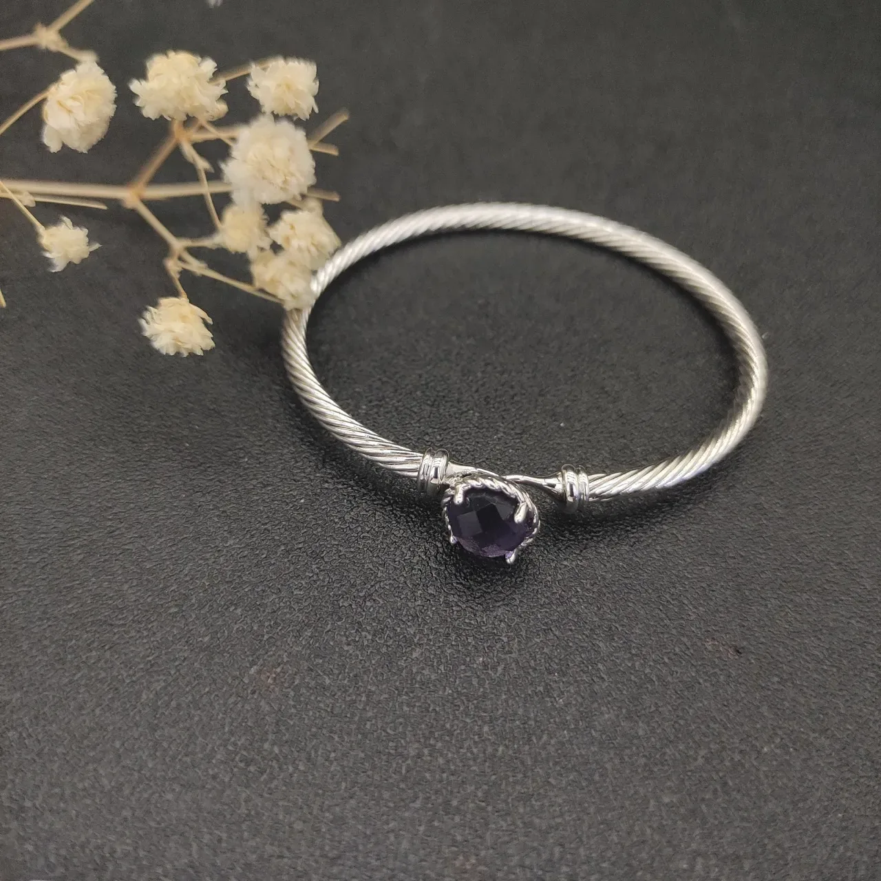 Silver Purple Twisted Cable Wire Faceted Round Stone Bracelet 9