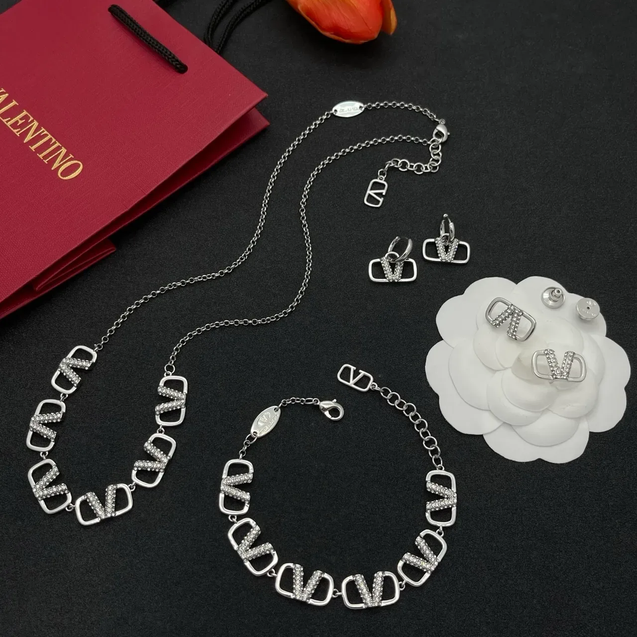 Silver-Tone Geometric Pavé Crystal Link Necklace 2
