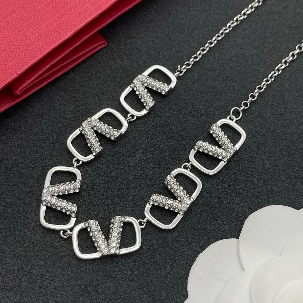 Silver-Tone Geometric Pavé Crystal Link Necklace 8