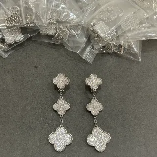 Silver-Tone Pavé Crystal Three-Tier Clover Drop Earrings