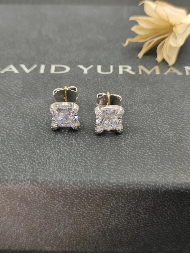 Silver Transparent Square-Cut Central Stone Prong-Set Earrings 5