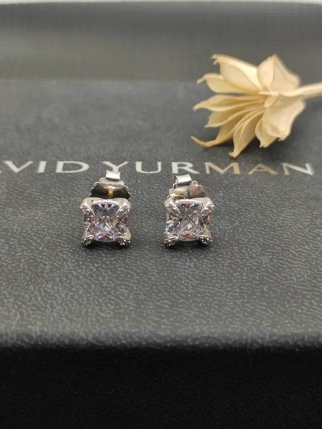 Silver Transparent Square-Cut Central Stone Prong-Set Earrings 7