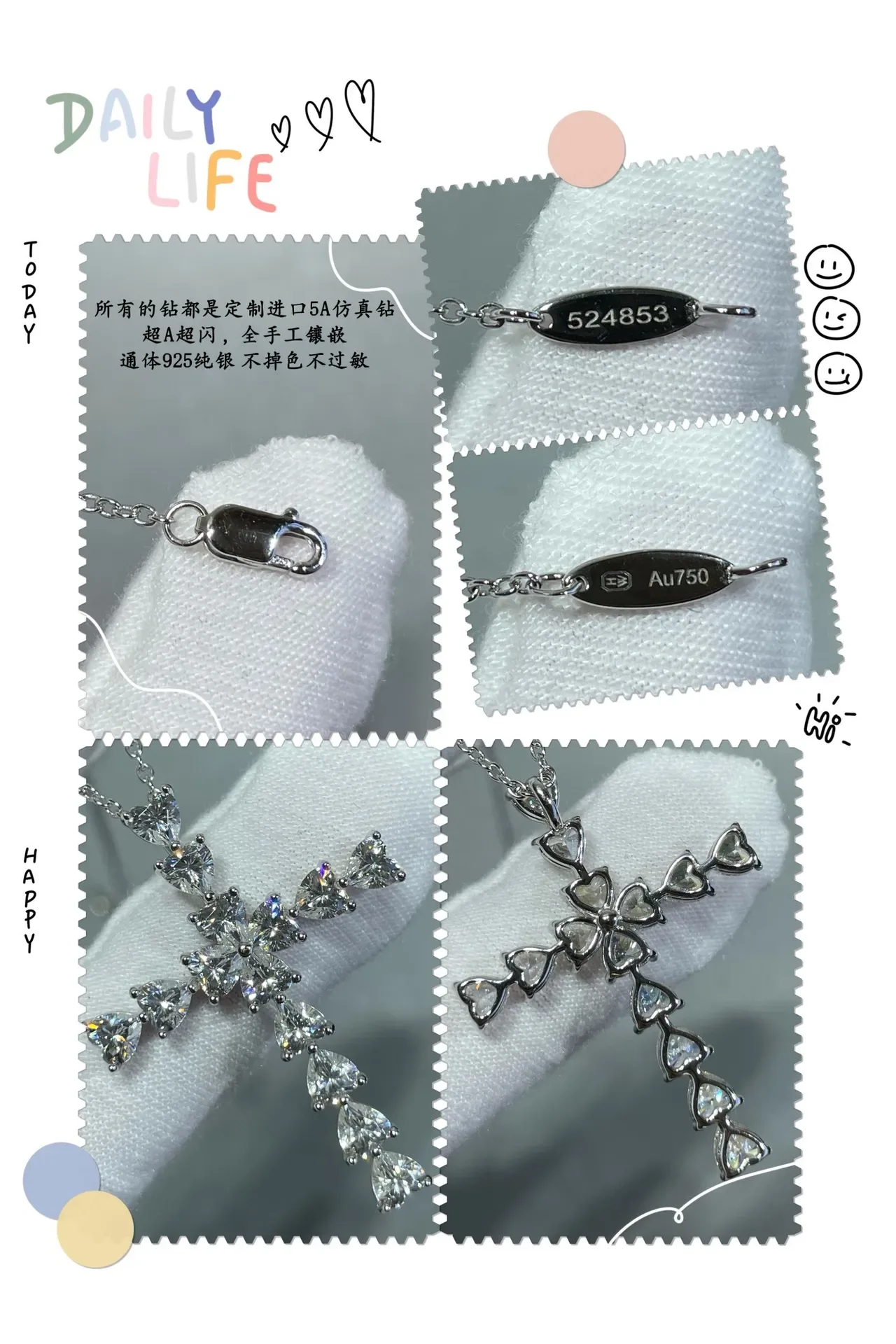 Silver White Cross-Shaped Pendant Heart-Cut Stones Necklace 3