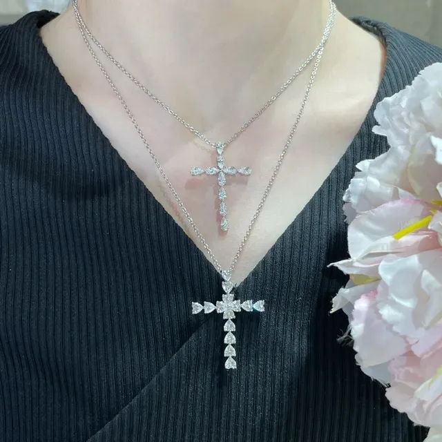 Silver White Cross-Shaped Pendant Heart-Cut Stones Necklace 8