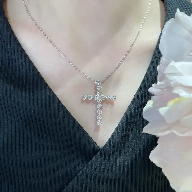 Silver White Cross-Shaped Pendant Heart-Cut Stones Necklace 9