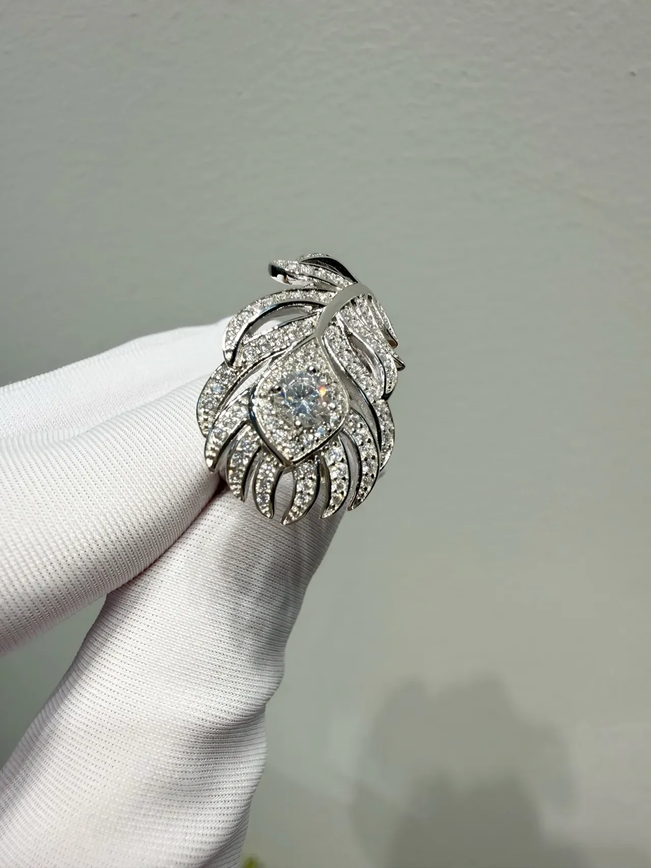Silver White Feather-Shaped Pavé-Set Crystals Ring 5