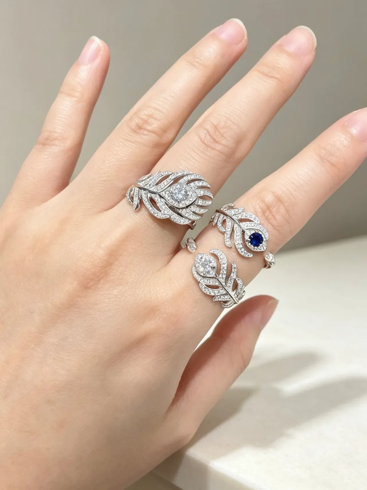 Silver White Feather-Shaped Pavé-Set Crystals Ring 6
