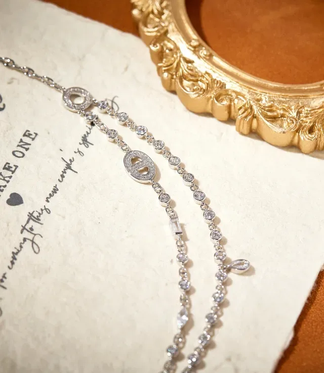Silver White Layered Chain Toggle Clasp Necklace 5