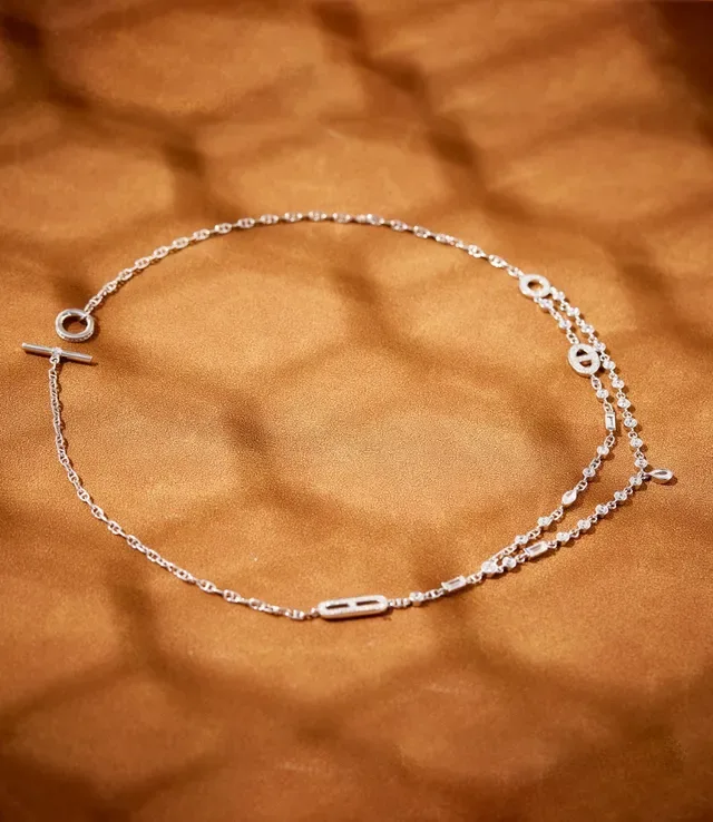 Silver White Layered Chain Toggle Clasp Necklace 7