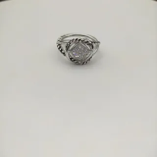 Silver White Pavé-Set Square Face Twisted Rope-Style Band Ring