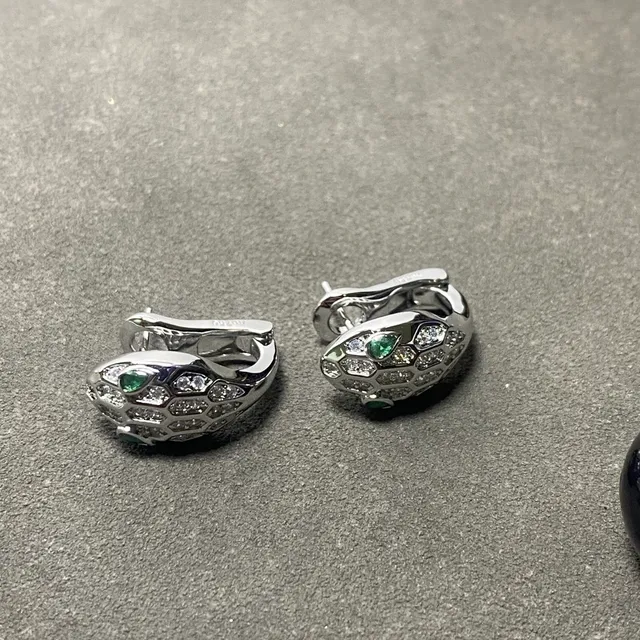 Snake-Head Motif Pavé White and Green Gemstone Hinged Hoop Earrings 3