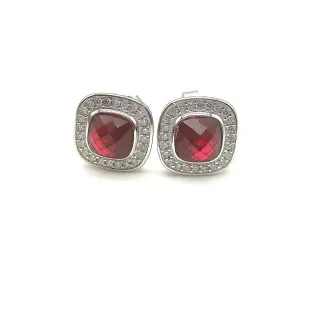 Square Cushion-Cut Red Gemstone Halo Stud Earrings
