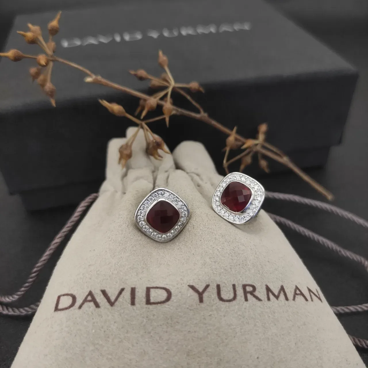 Square Cushion-Cut Red Gemstone Halo Stud Earrings 2