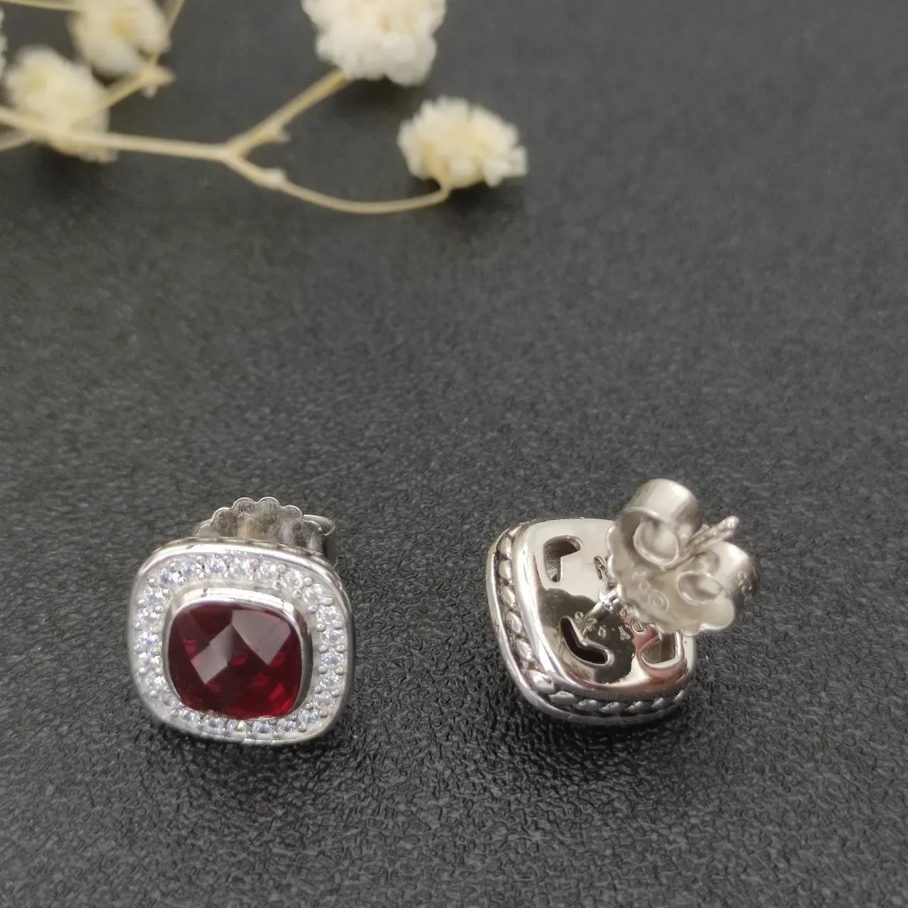 Square Cushion-Cut Red Gemstone Halo Stud Earrings 3