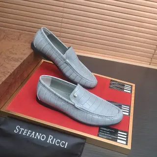 Stefano Ricci ग्रे ब्लैक क्रॉक-एम्बॉस्ड लेदर मेटल लोगो स्टड लूफर