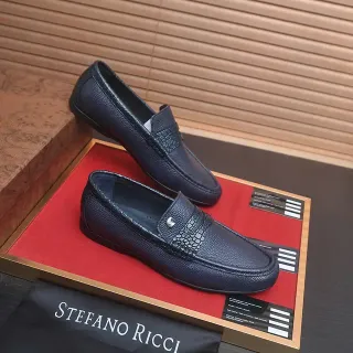 Stefano Ricci Navy Red Pebbled Leather Crocodile-Embossed Strap Loafer