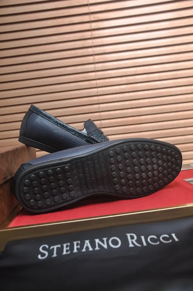 Stefano Ricci Navy Red Pebbled Leather Crocodile-Embossed Strap Loafer 3