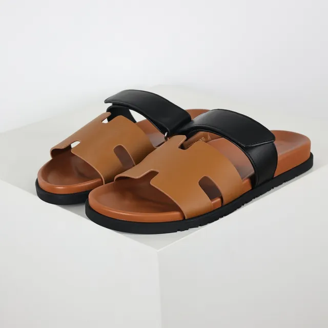 Tan and Black Two-Strap Slide Casual Sandals 2