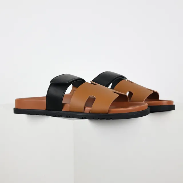 Tan and Black Two-Strap Slide Casual Sandals 3