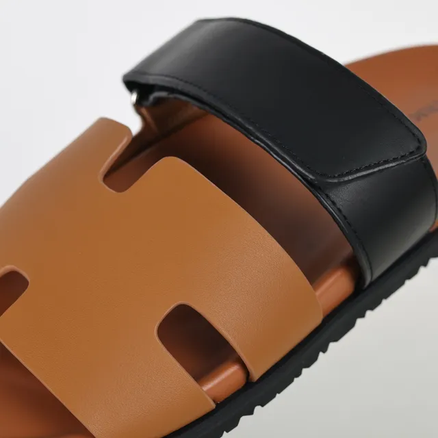 Tan and Black Two-Strap Slide Casual Sandals 6