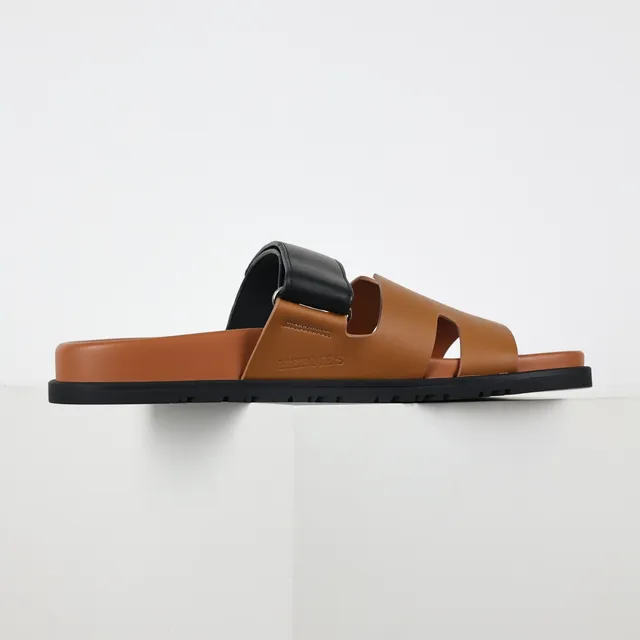 Tan and Black Two-Strap Slide Casual Sandals 7
