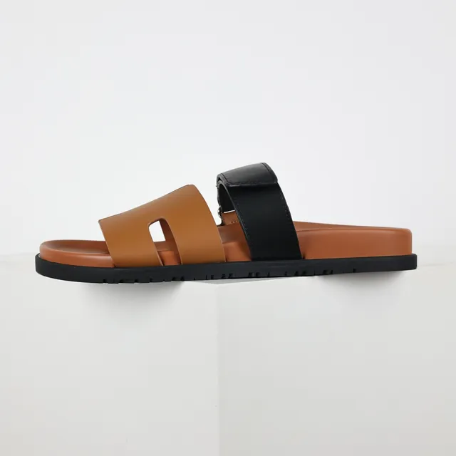 Tan and Black Two-Strap Slide Casual Sandals 9