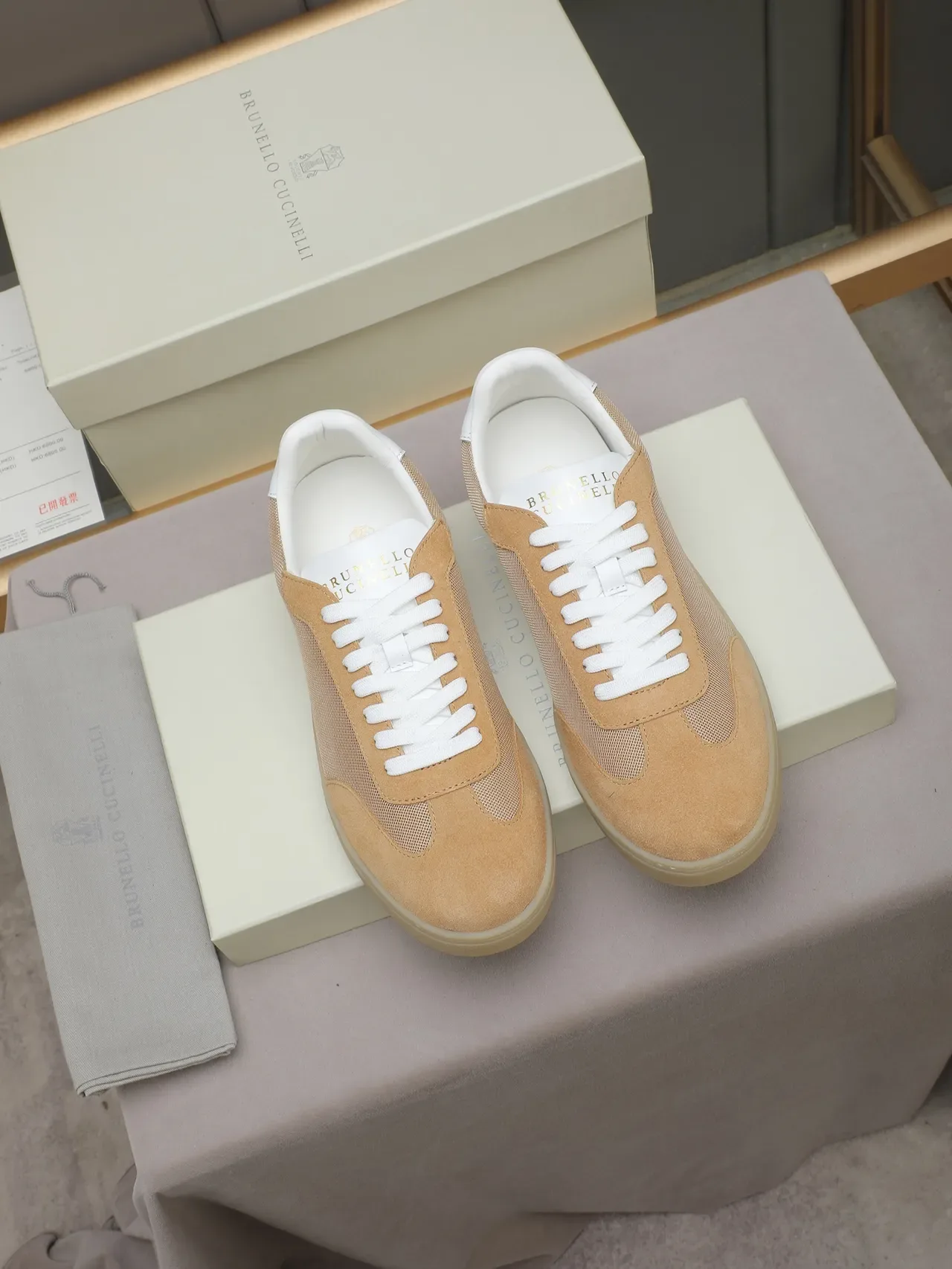 Tan and White Suede-Mesh Low-Top Lifestyle Sneaker 2