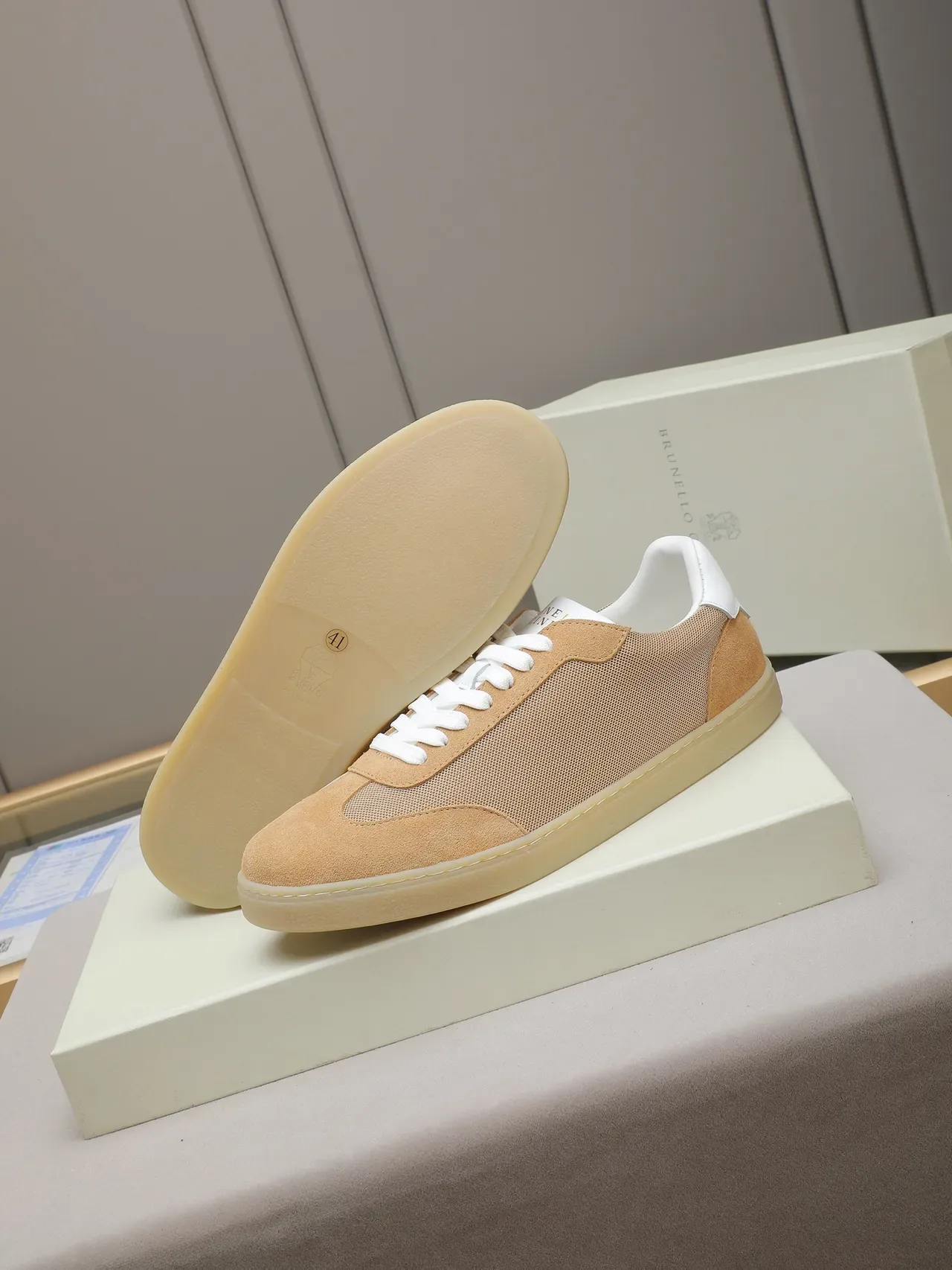 Tan and White Suede-Mesh Low-Top Lifestyle Sneaker 4