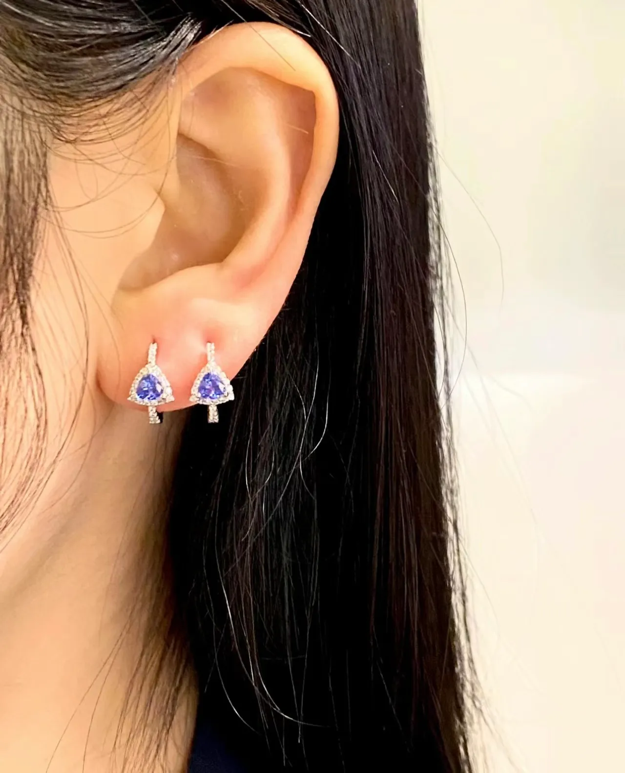 Teardrop Blue Gemstone Pavé Halo Dangling Earrings 2