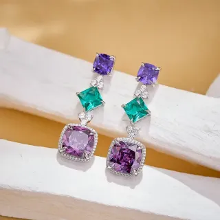 Three-Tiered Cushion-Cut Purple and Emerald Green Gemstone Drop Earrings