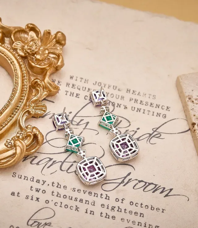 Three-Tiered Cushion-Cut Purple and Emerald Green Gemstone Drop Earrings 2