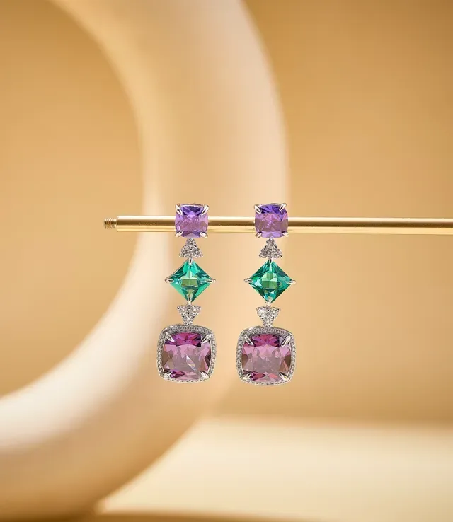 Three-Tiered Cushion-Cut Purple and Emerald Green Gemstone Drop Earrings 3