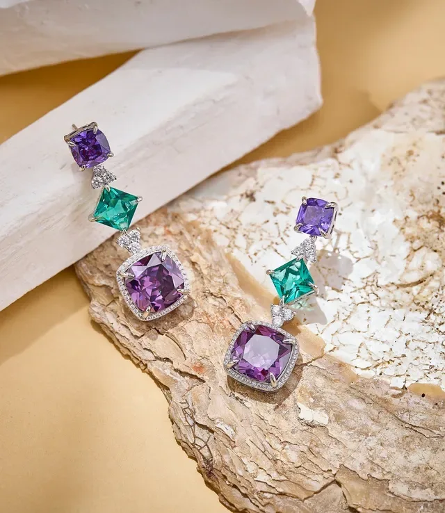 Three-Tiered Cushion-Cut Purple and Emerald Green Gemstone Drop Earrings 4