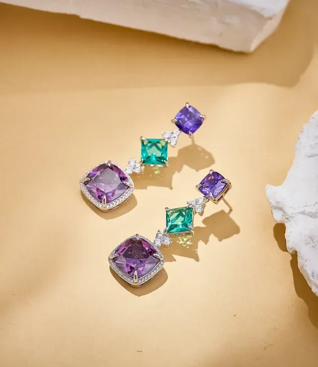 Three-Tiered Cushion-Cut Purple and Emerald Green Gemstone Drop Earrings 5