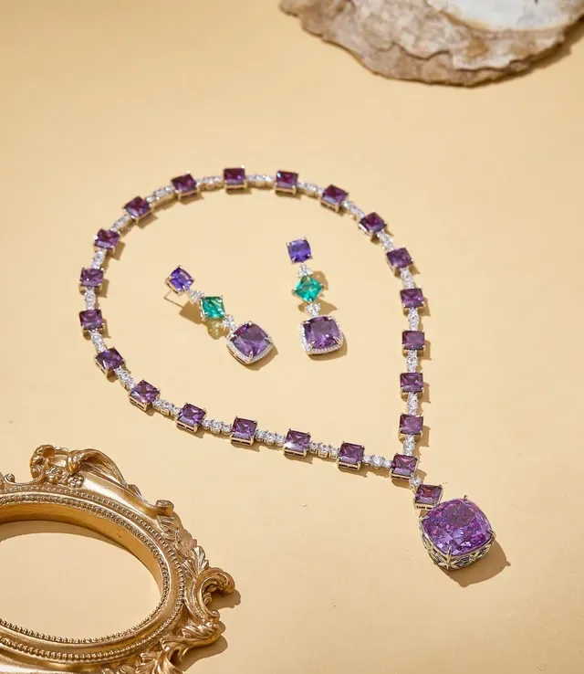 Three-Tiered Cushion-Cut Purple and Emerald Green Gemstone Drop Earrings 6