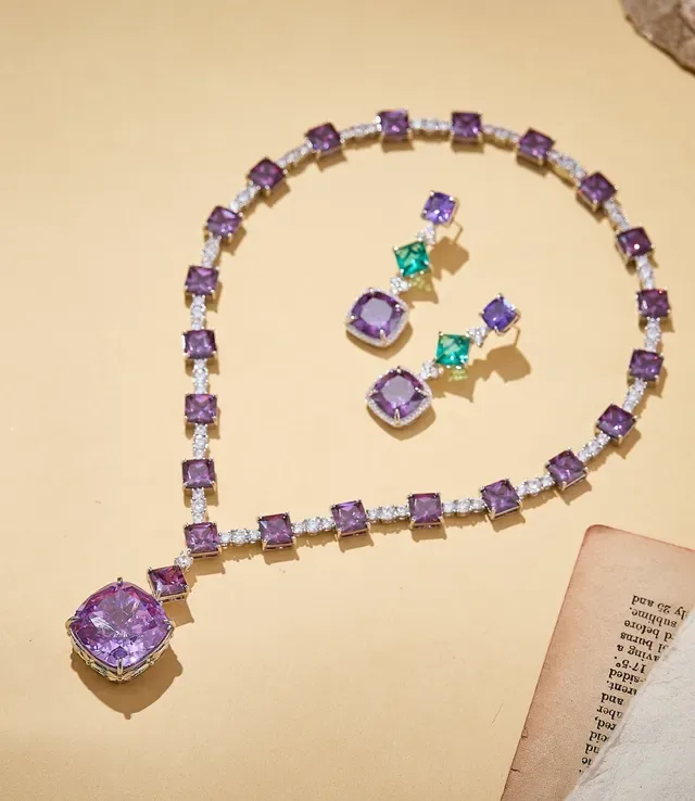 Three-Tiered Cushion-Cut Purple and Emerald Green Gemstone Drop Earrings 7