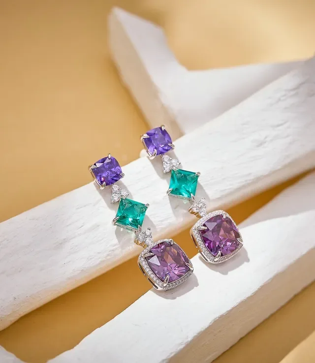 Three-Tiered Cushion-Cut Purple and Emerald Green Gemstone Drop Earrings 8