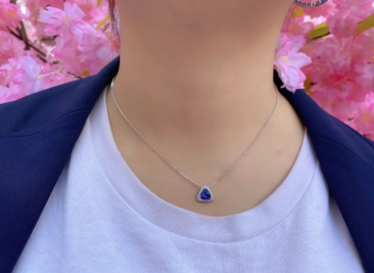 Triangular Halo-Set Blue Gemstone Pendant Necklace 3