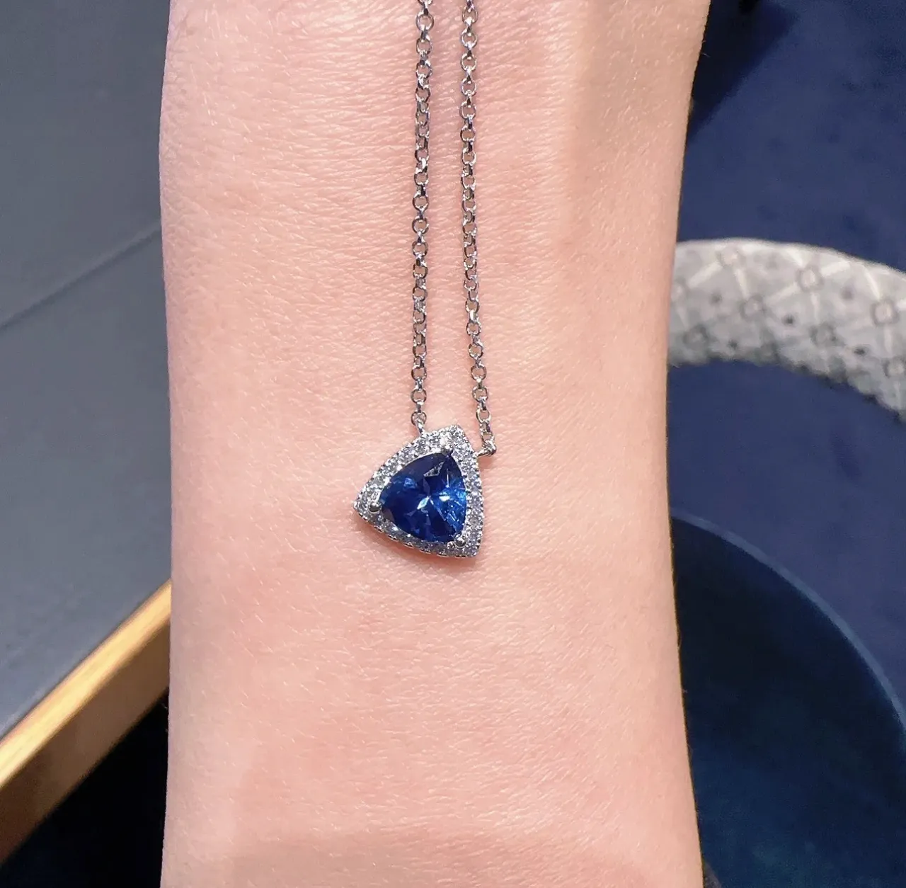 Triangular Halo-Set Blue Gemstone Pendant Necklace 4