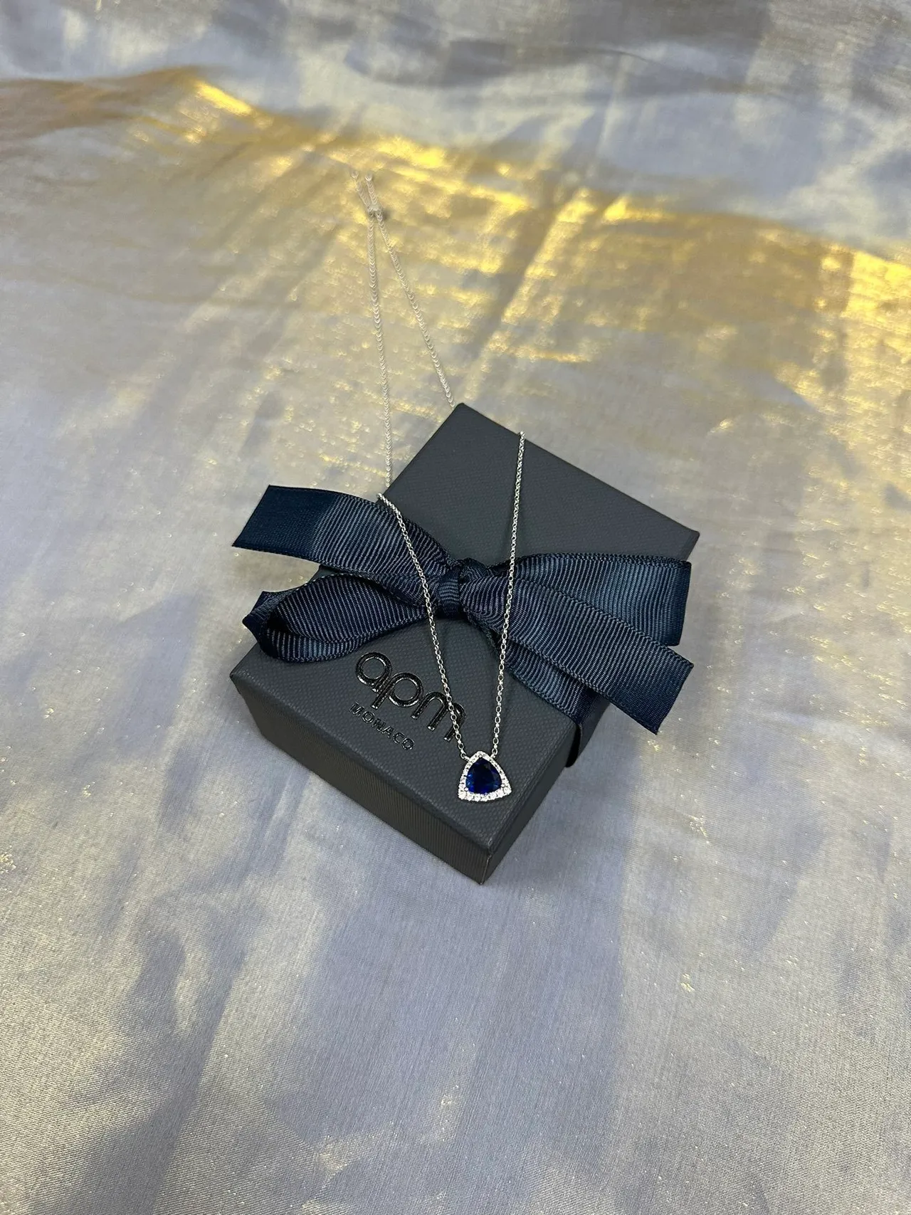 Triangular Halo-Set Blue Gemstone Pendant Necklace 5
