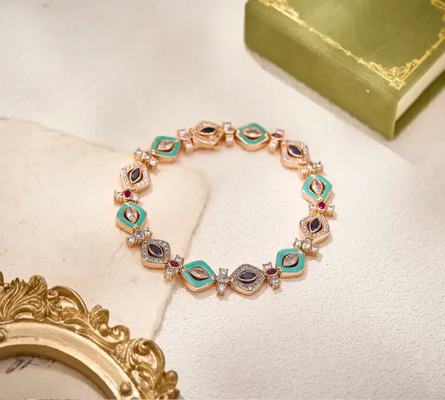 Turquoise and Gemstone Inlay Geometric Motif Gold-Tone Bracelet 3