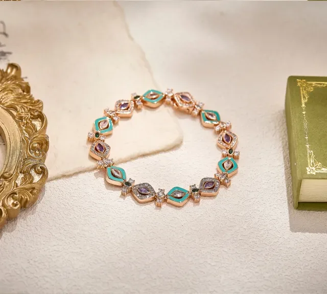 Turquoise and Gemstone Inlay Geometric Motif Gold-Tone Bracelet 4