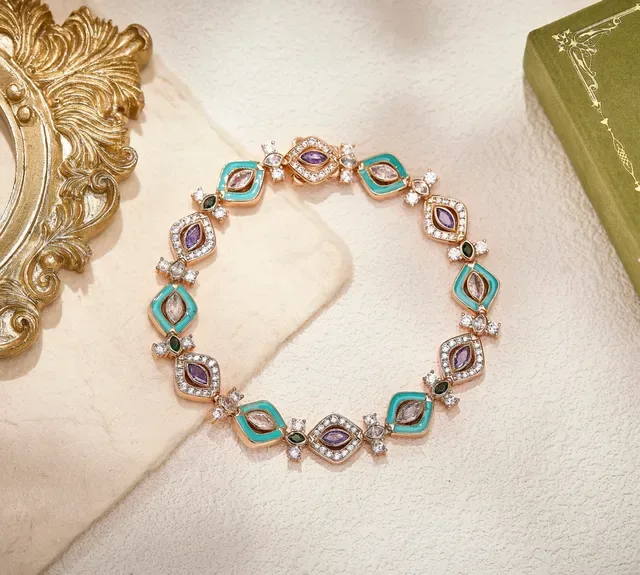 Turquoise and Gemstone Inlay Geometric Motif Gold-Tone Bracelet 6